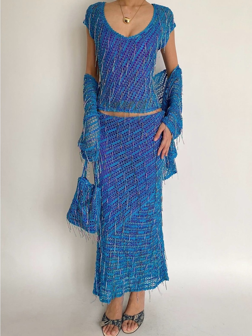 Karen Millen Teal Crochet Beaded Four Piece set